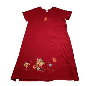 Vintage Short Sleeve Red Maxi Dress Women 22W 24W Fish Tropical Casual Resort